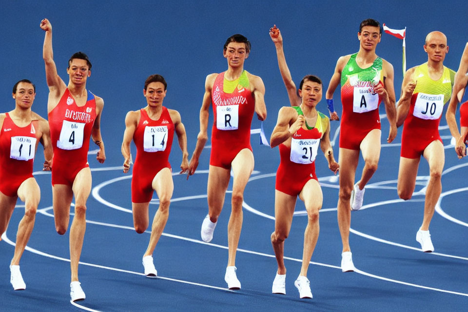 Male athletes in red uniforms sprinting on blue track