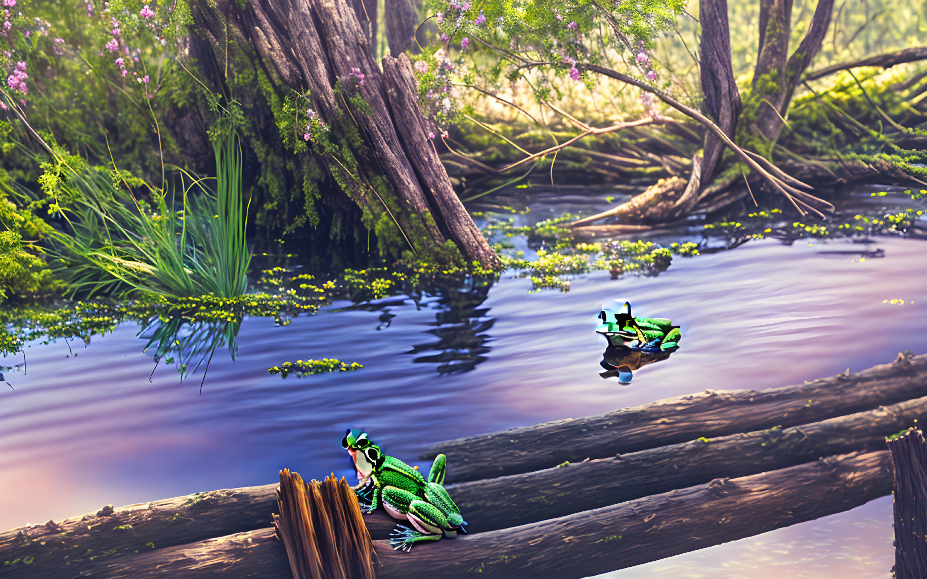 Vibrant green frogs on log near tranquil pond in woodland setting