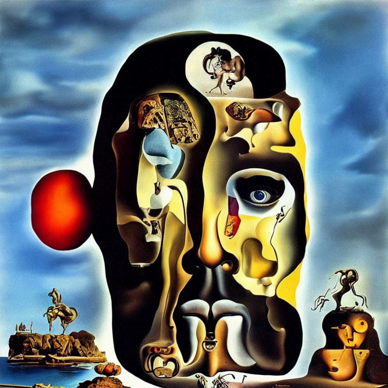 Surreal painting featuring disjointed face elements