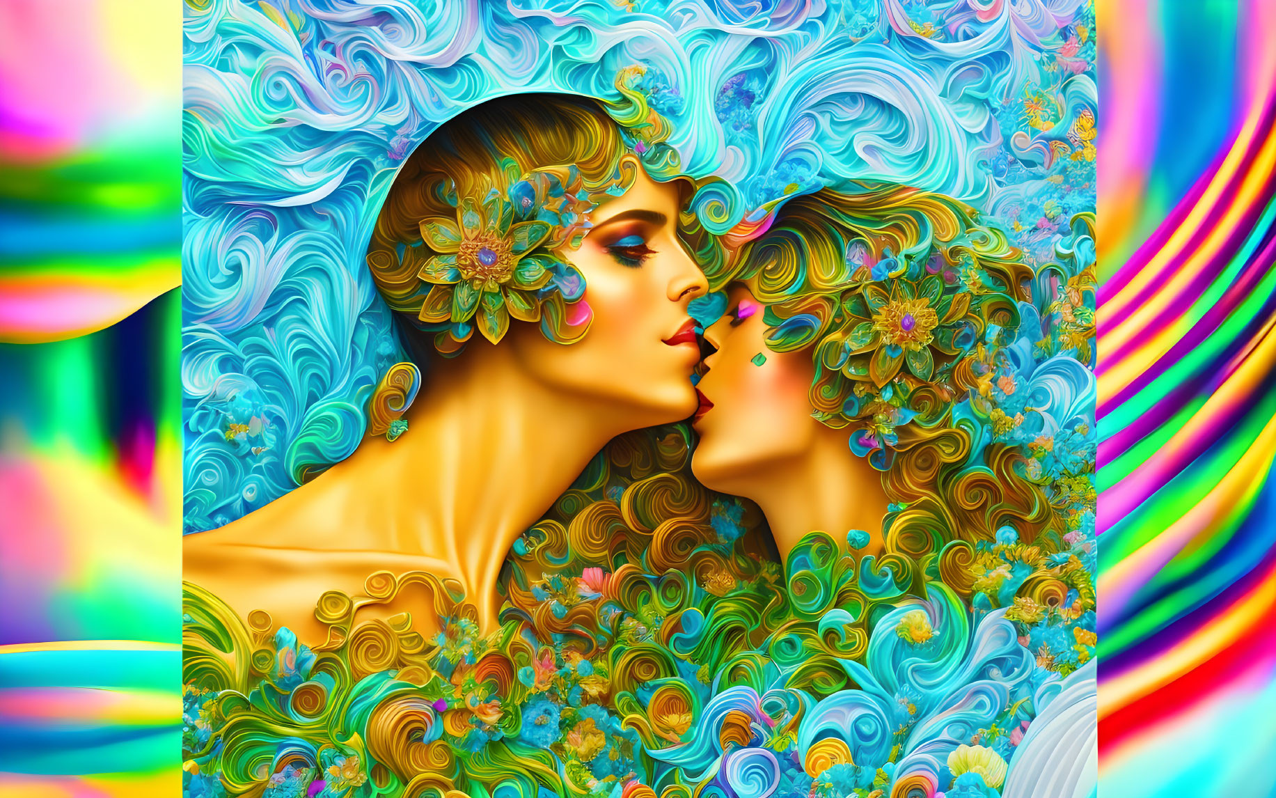 Colorful digital art of two profiles with intricate floral designs on swirling background