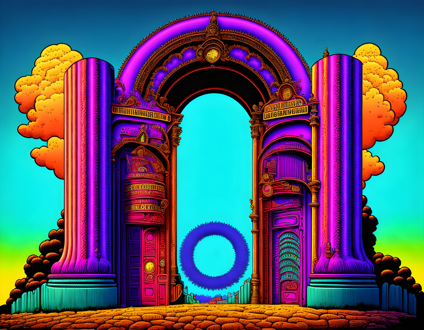 Colorful digital artwork: ornate, psychedelic archway against sunset sky.