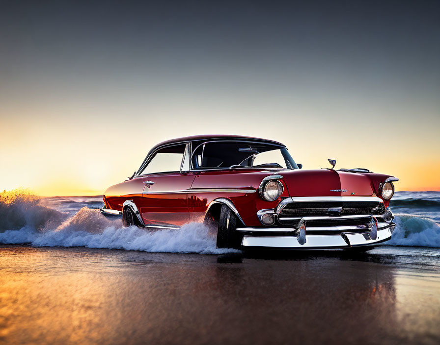 Vintage red and white two-tone car on beach at sunset