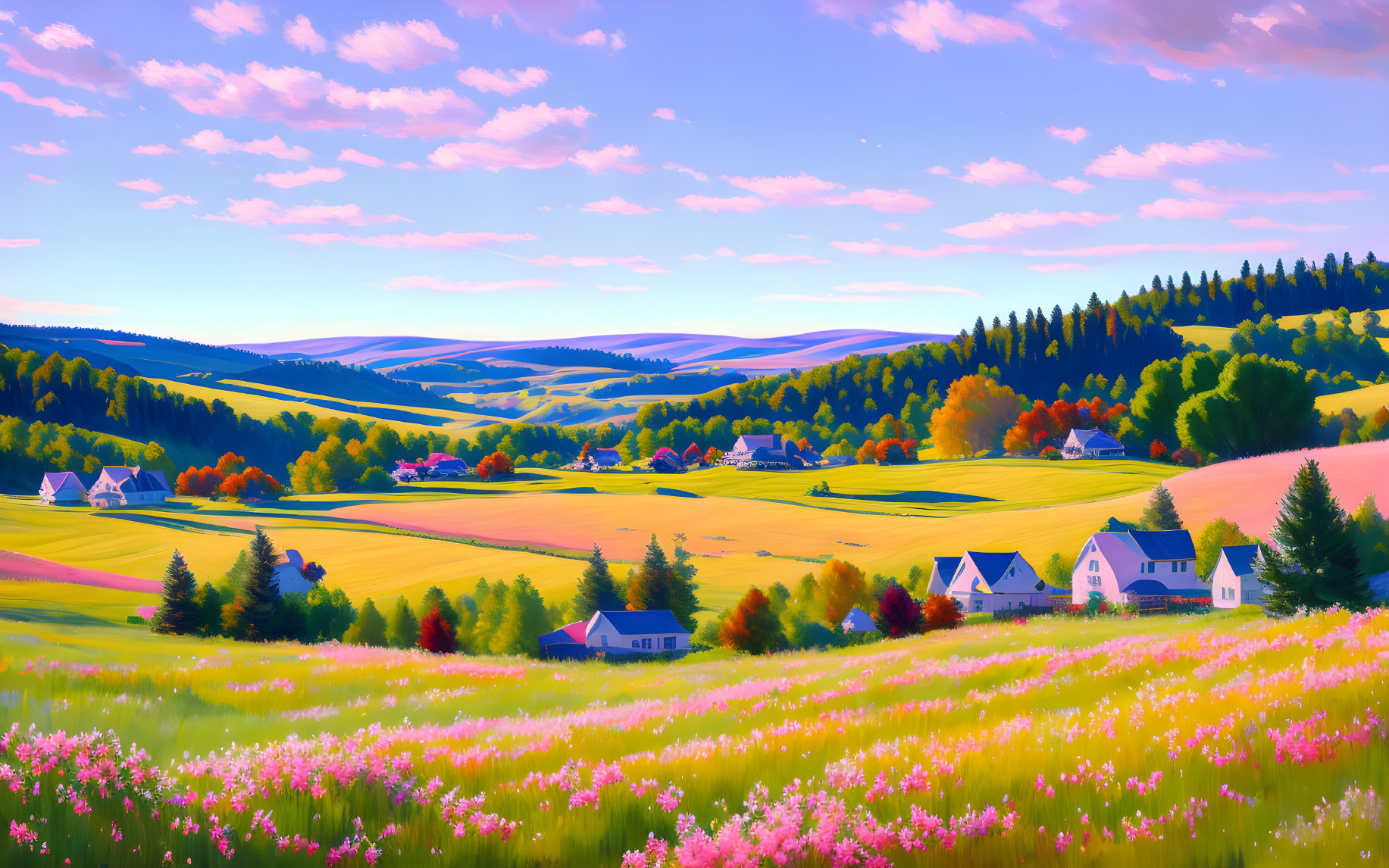 Vibrant landscape: rolling hills, wildflowers, scattered houses, tree-covered mountains, blue sky