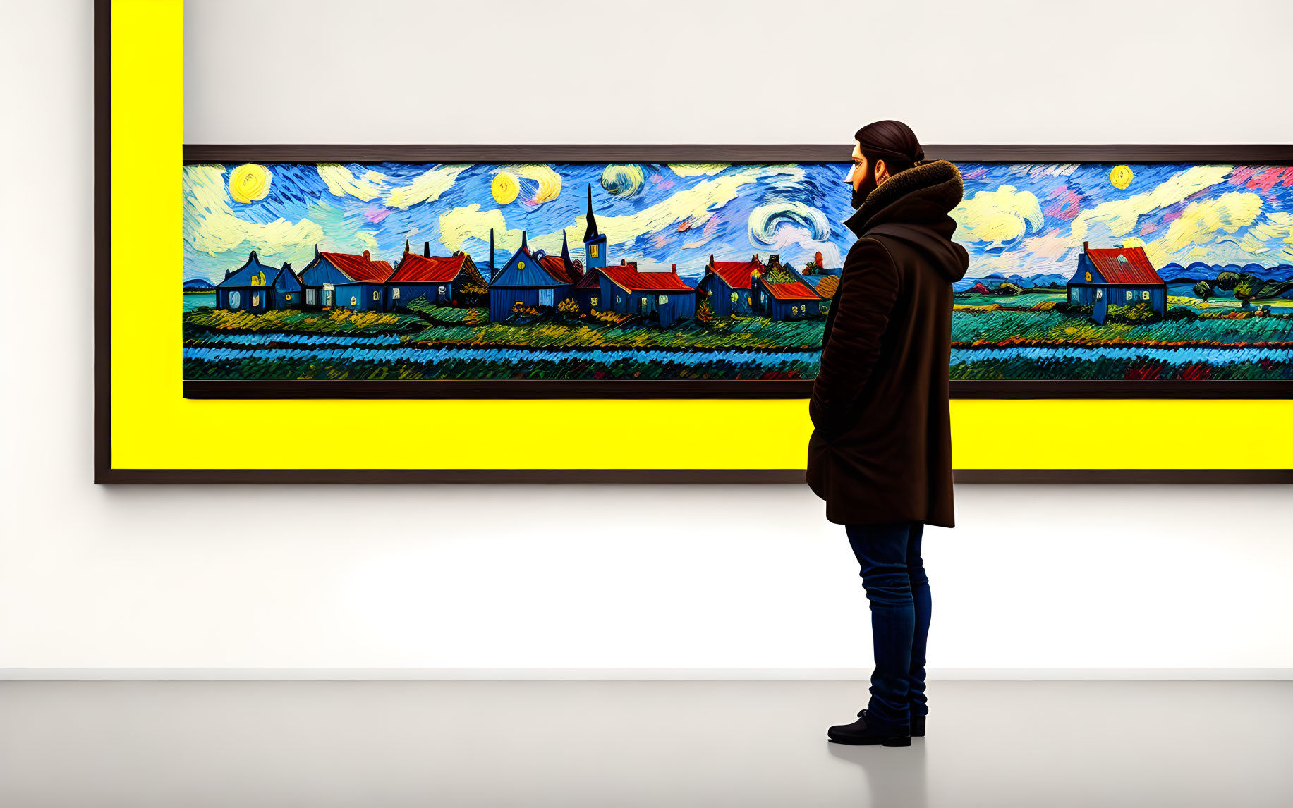 Person in brown coat viewing colorful Van Gogh-style painting