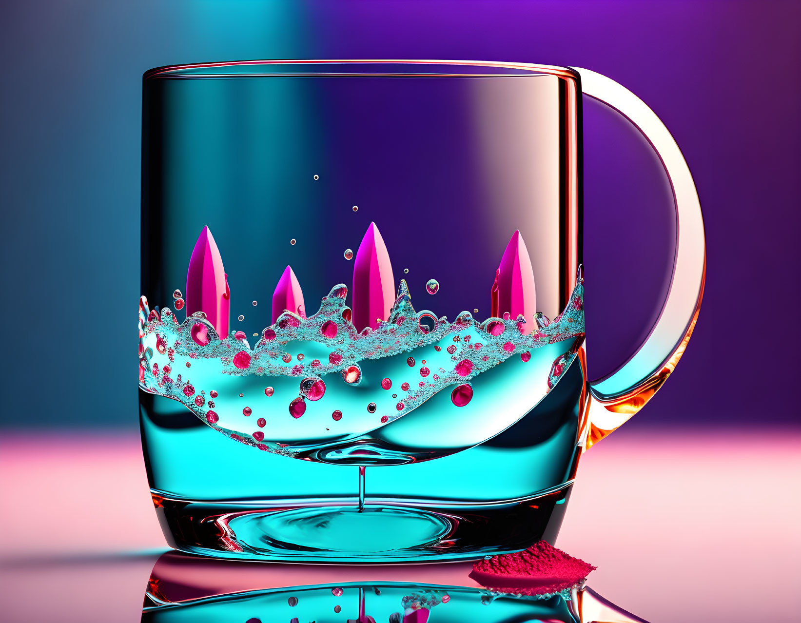 Glass mug with liquid splash and crown-like droplets on purple-blue gradient background