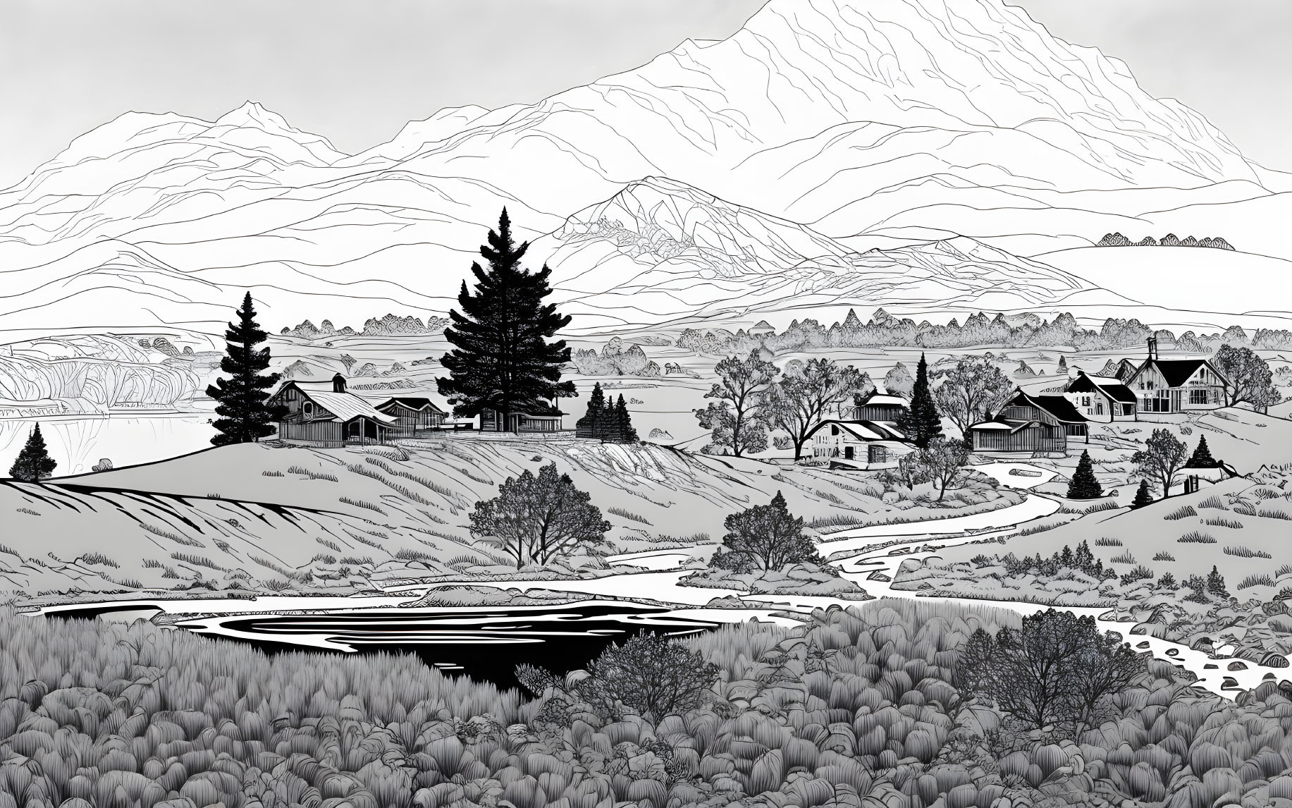 Tranquil monochromatic line drawing of landscape with mountains, houses, trees, and pond