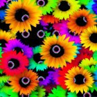 Colorful Gerbera Flowers Digital Illustration on Black Background