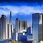 Vibrant cityscape illustration with skyscrapers on blue sky.