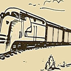 Sepia illustration of vintage passenger train on curving desert tracks