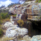 Scenic landscape with cave entrance, wildflowers, and mountains