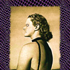 Illustrative portrait of woman with circuit-patterned hair on purple background with white grid