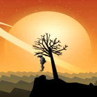 Barren tree on rocky outcrop under orange sky with planet, rings, and moons.