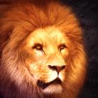 Realistic lion digital art: warm tones, prominent mane, dark background.