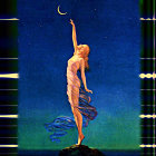 Female figure reaching stars in cosmic backdrop with geometric patterns