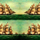 Vintage sailing ship illustrations in a two-by-two grid on textured turquoise backdrop