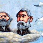 Vibrant Caricature Featuring Elderly Men with Birds and Butterflies