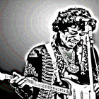 Monochrome musician with afro playing guitar and singing on colorful abstract backdrop