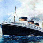 Vintage Ocean Liner with Dark Hull and Red Funnels Sailing on Blue Ocean