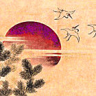 Tranquil landscape with red sun, clouds, birds, blossoming branches, and gentle waters