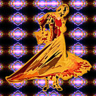 Graceful dancer in swirling yellow dress against vibrant peacock feather background