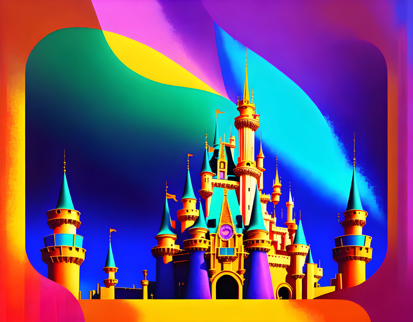 Colorful digital artwork: Fantastical castle with spires on vibrant, wavy background