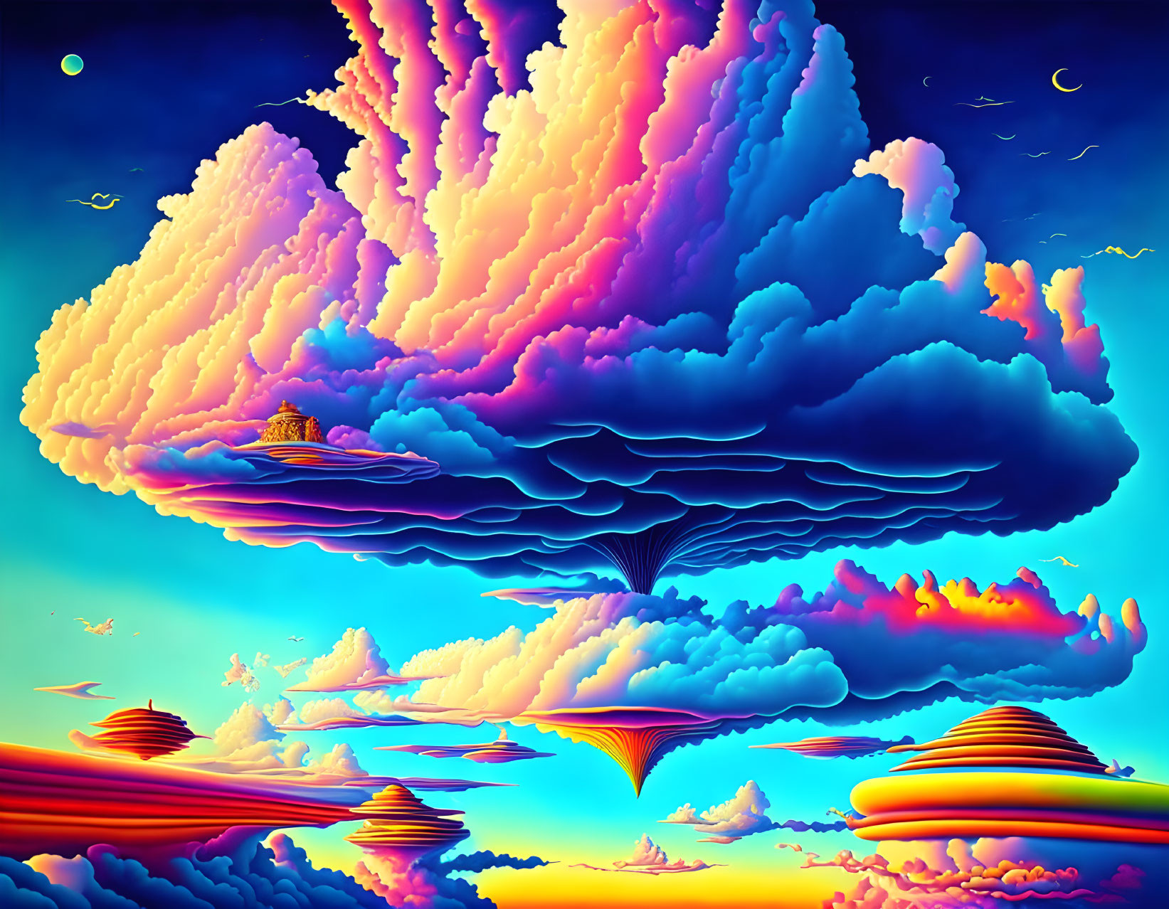 Colorful surreal landscape with towering clouds and floating islands