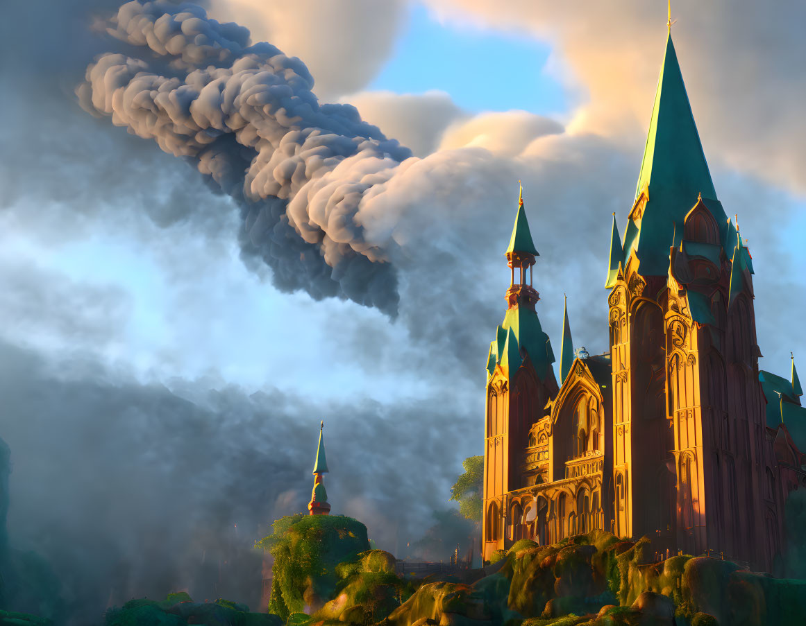 Fantastical castle with green spires on misty cliff and dark smoke under dramatic sky