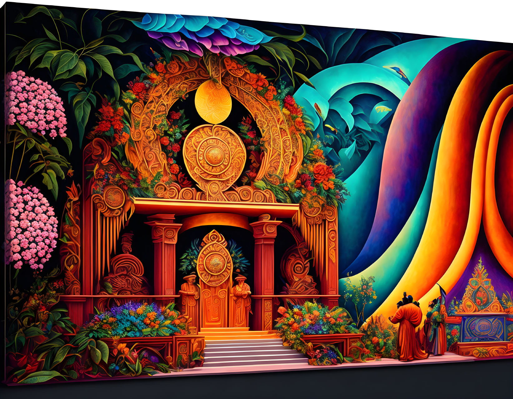 Colorful 3D Artwork: Ornate Door, Flora, Waves, Orange Figure