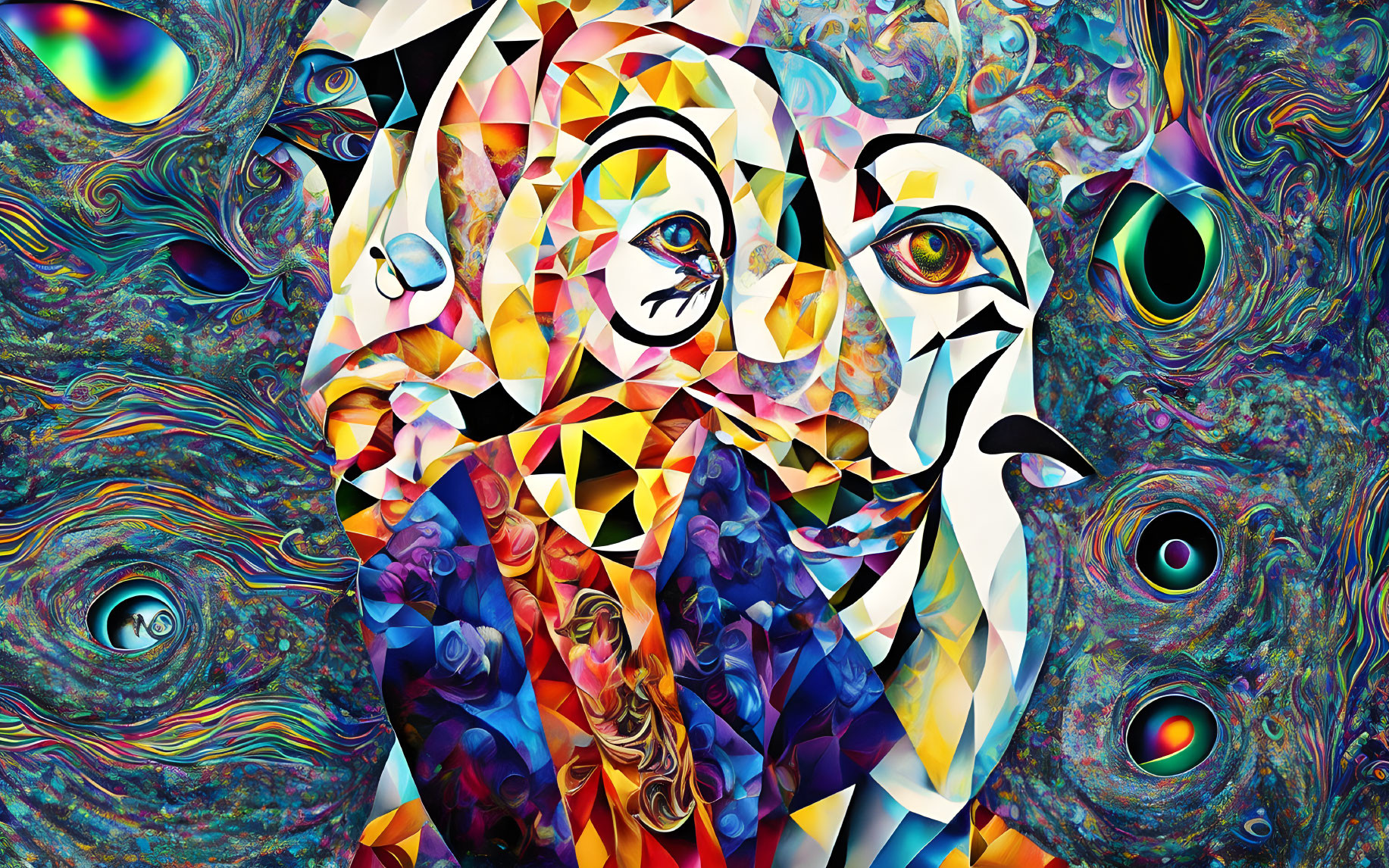 Colorful abstract art: Geometric tiger surrounded by intricate patterns