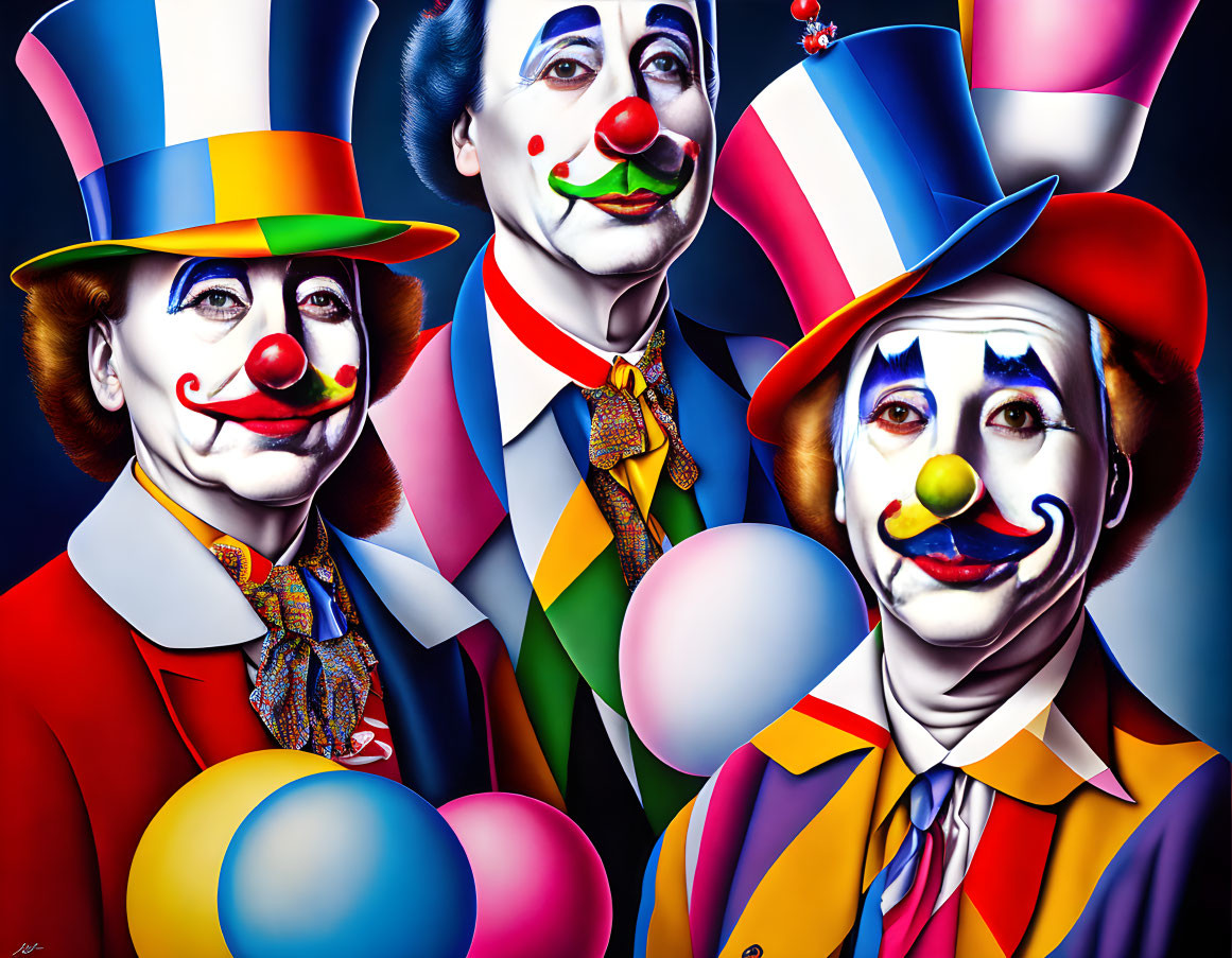 Colorful clowns with painted faces and extravagant hats posing with balloons