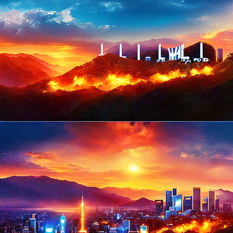 Composite image contrasting burning Hollywood sign with serene cityscape at sunset.