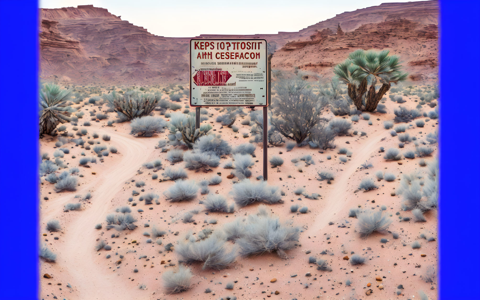 Desert landscape at dusk with blue-green vegetation and unreadable sign with red rocky outcrop