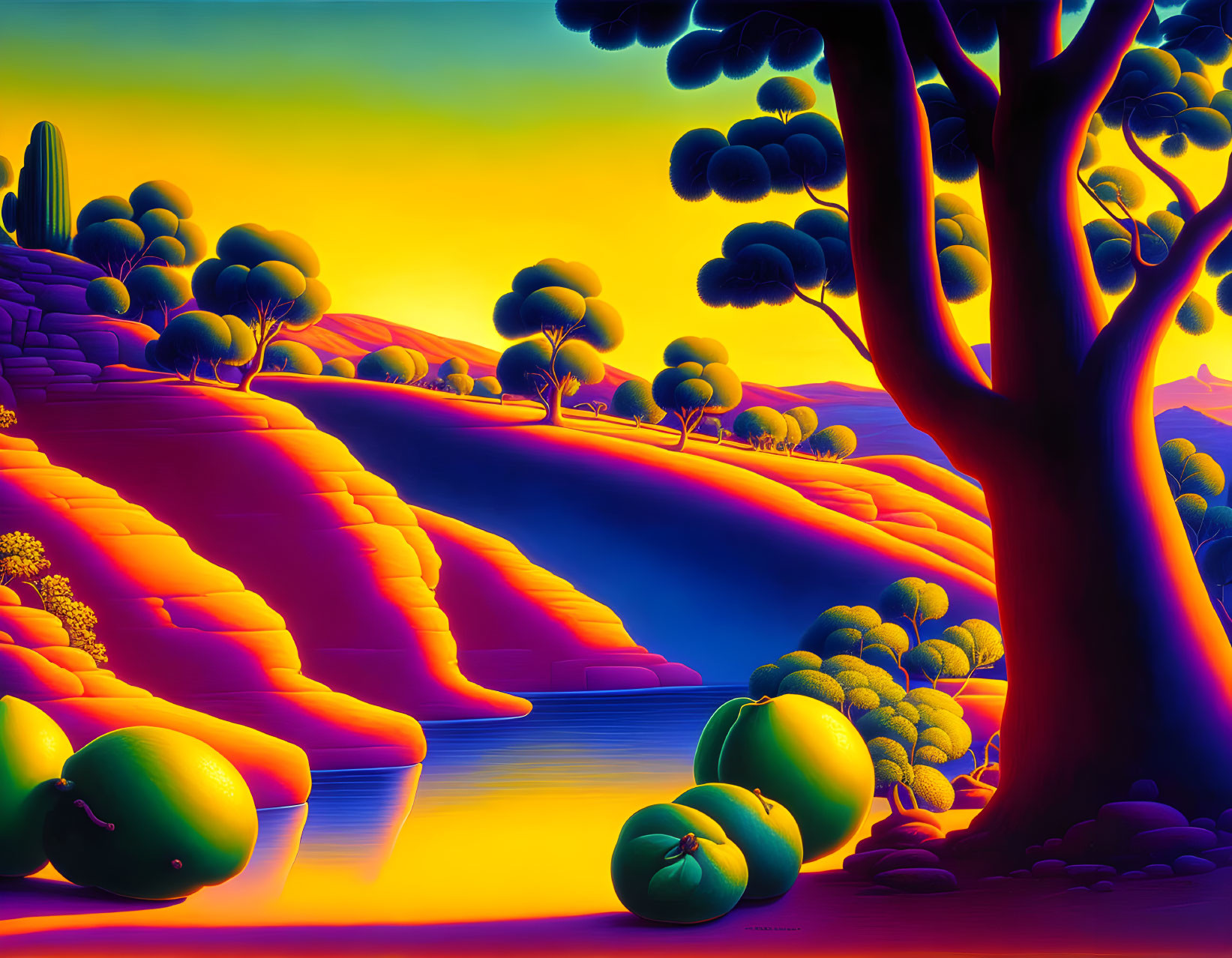 Colorful surreal landscape with hills, river, vegetation, and prominent tree