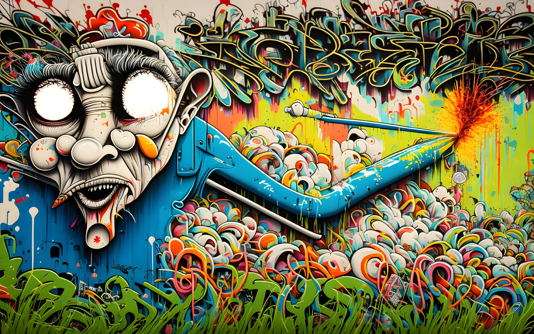 Vibrant street art: caricatured face, graffiti text, whimsical landscape