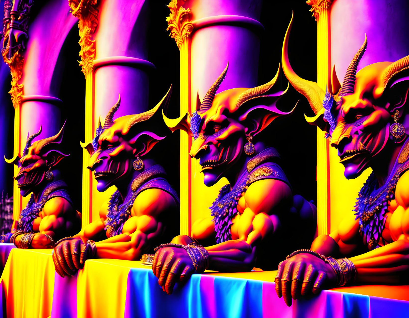 Colorful horned creature statues in dramatic lighting