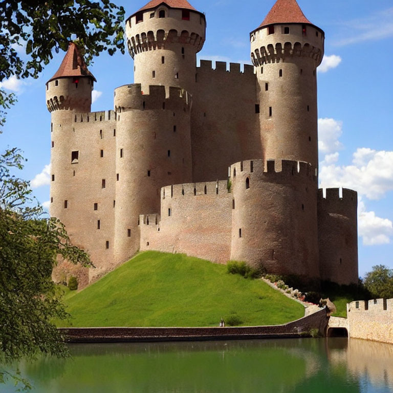 Medieval castle with cylindrical towers and red roofs in lush greenery