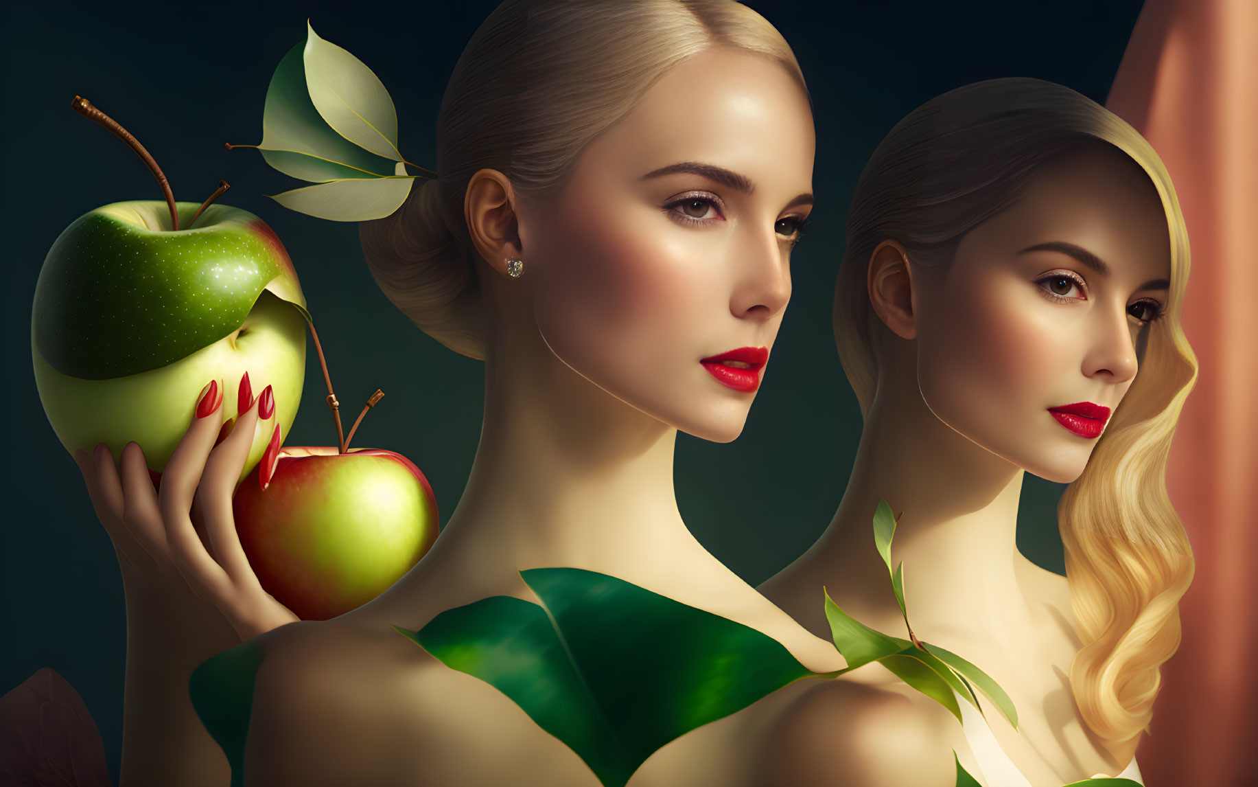 Two women with flawless skin and a green apple in surreal artistic scene.