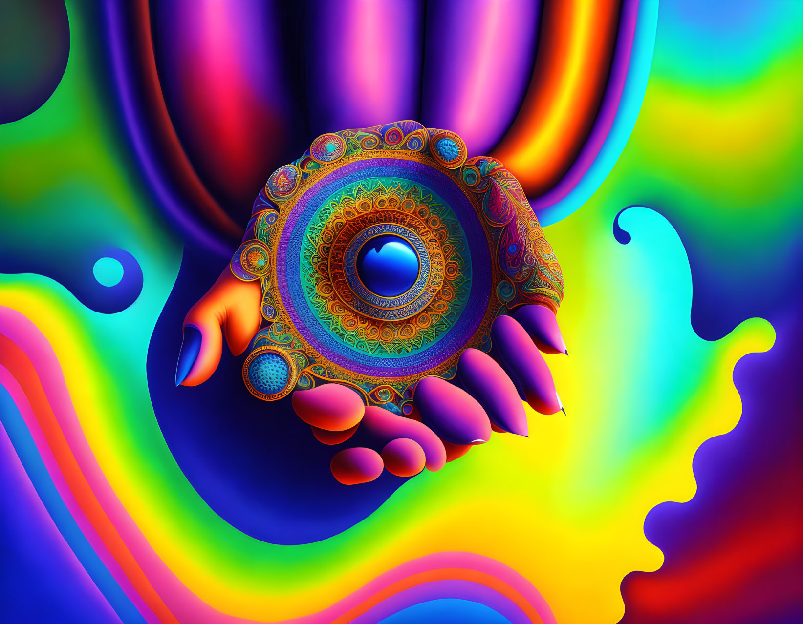 Colorful Psychedelic Digital Artwork with Mandala Design and Blue Eye