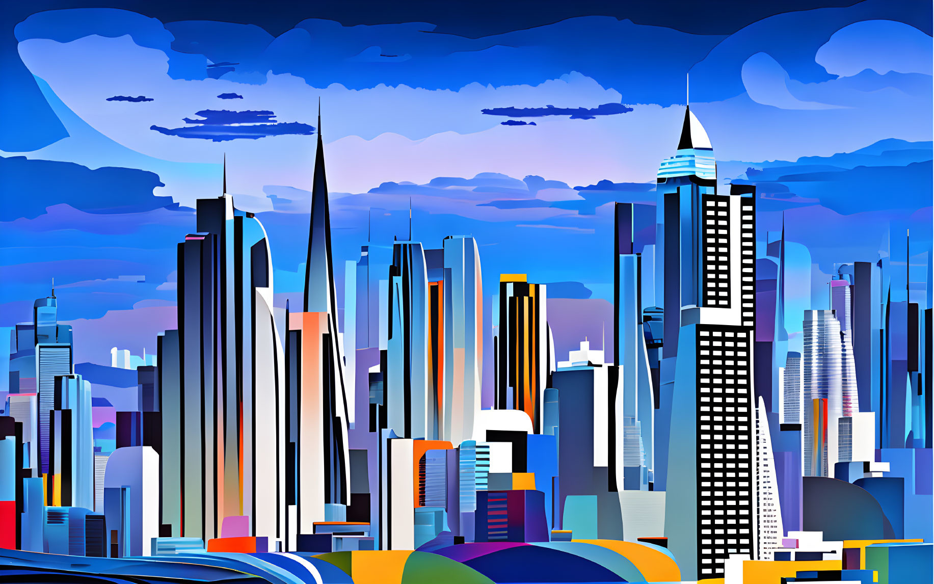 Vibrant cityscape illustration with skyscrapers on blue sky.