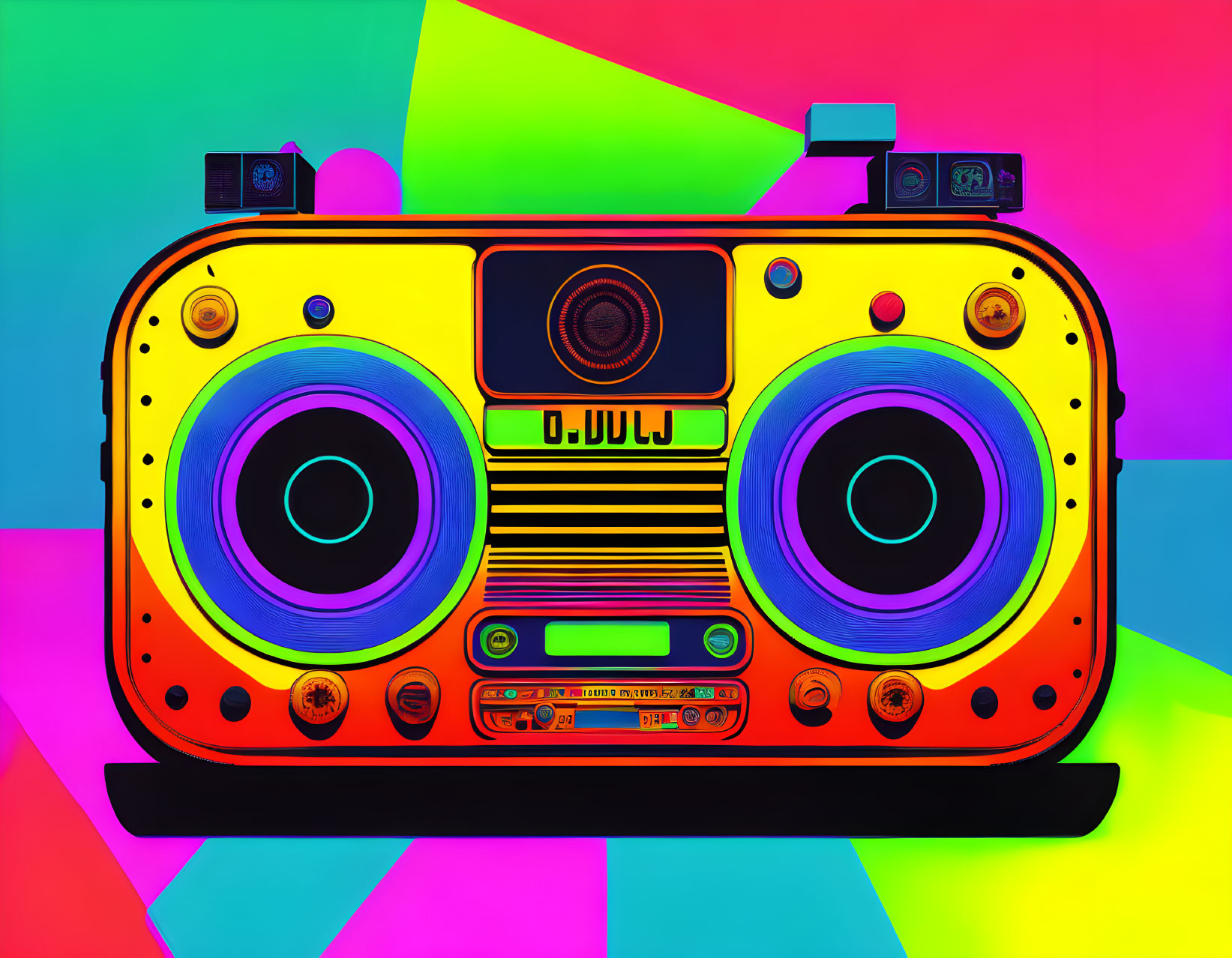 Vibrant Retro Boombox Illustration with Colorful Geometric Background