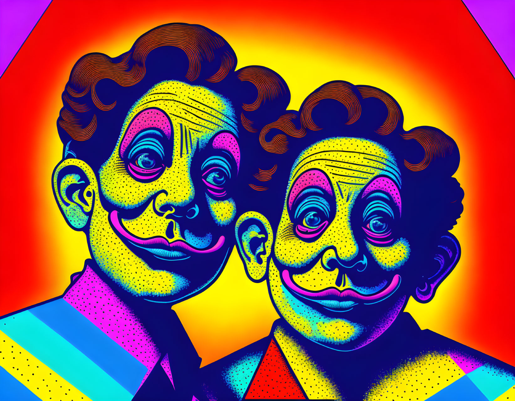 Colorful pop art style illustration of two figures with exaggerated facial features on vibrant geometric backdrop