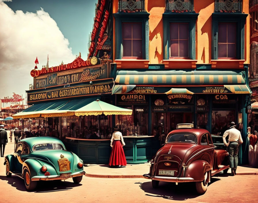 Classic Cars and Colorful Buildings in Vintage Street Scene