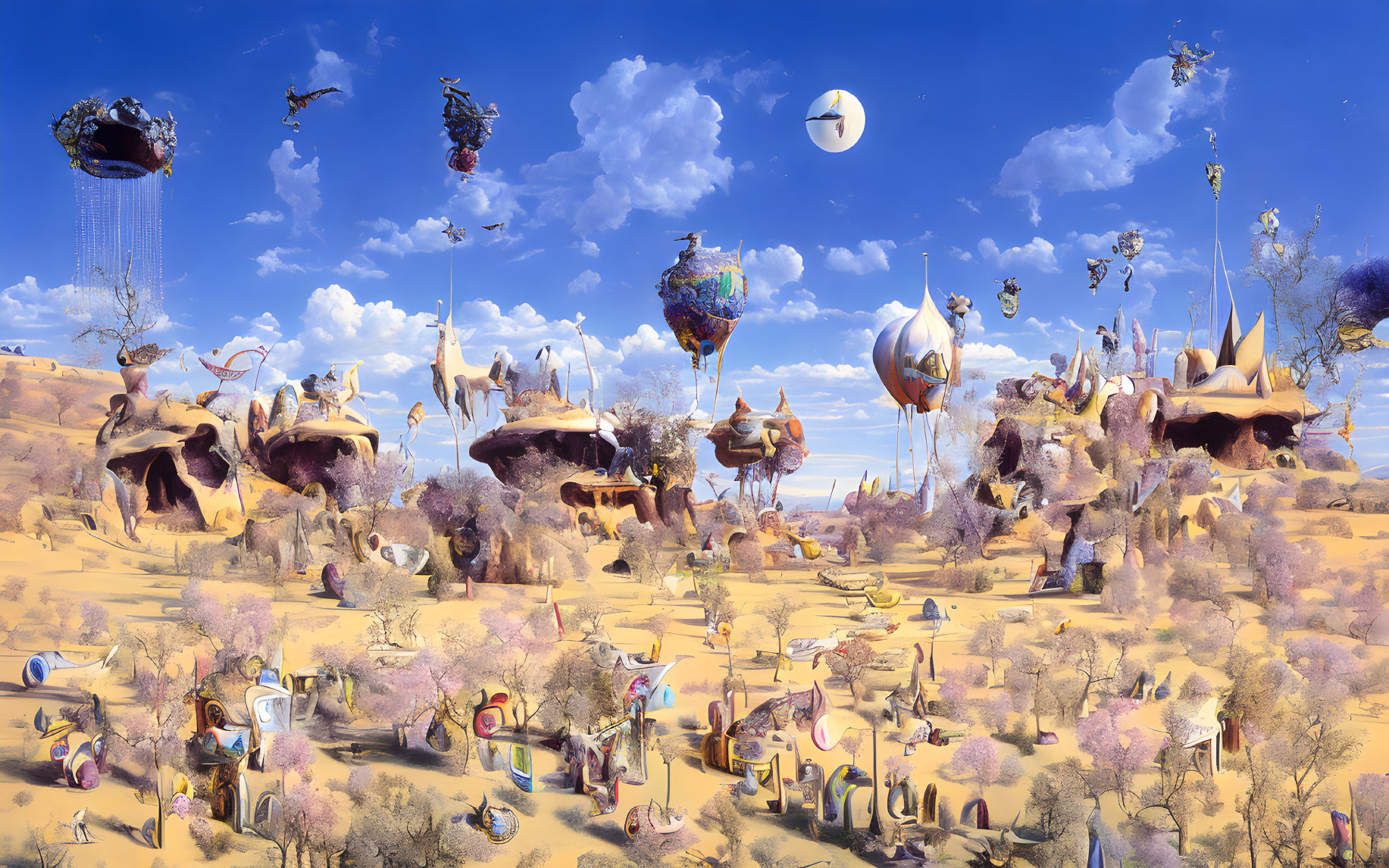 Surreal desert landscape with floating islands and fantastical creatures