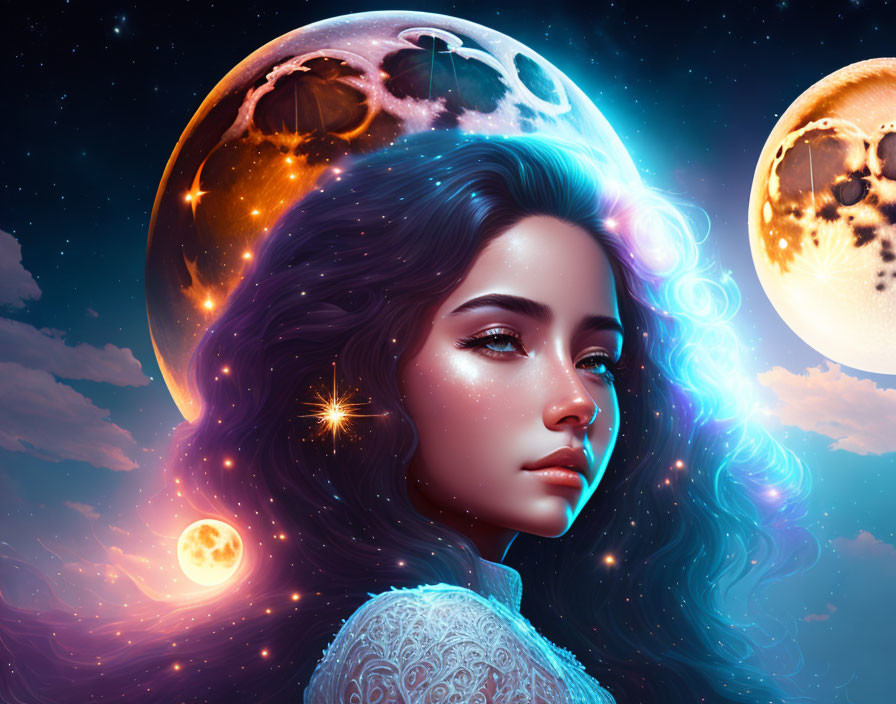 Digital artwork: Woman with galaxy-themed hair and celestial background