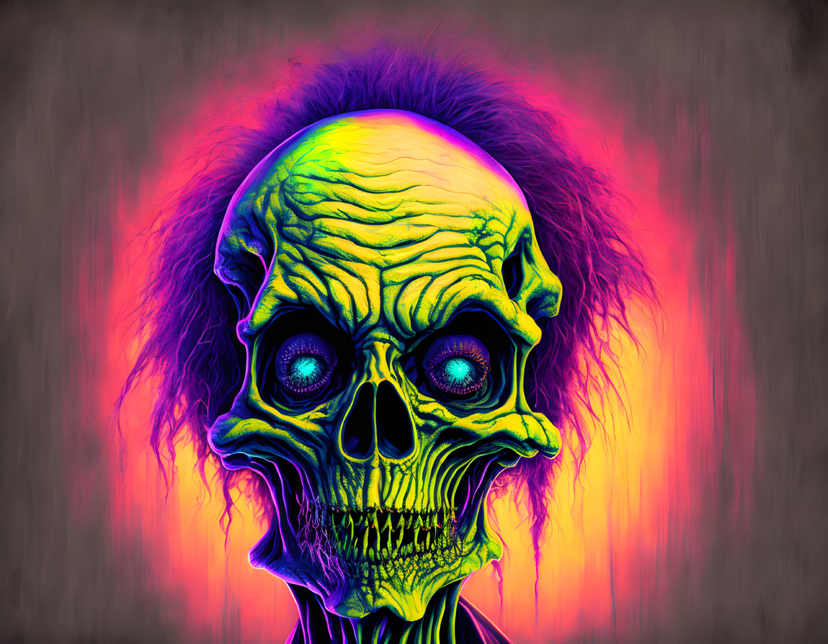 Colorful Skull Artwork with Glowing Eyes and Neon Hues