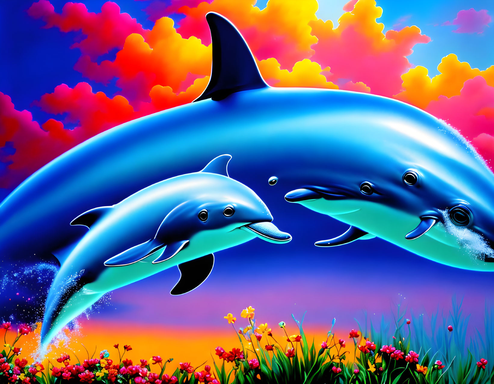 Colorful Dolphin Family Leaping Over Flowers at Sunset