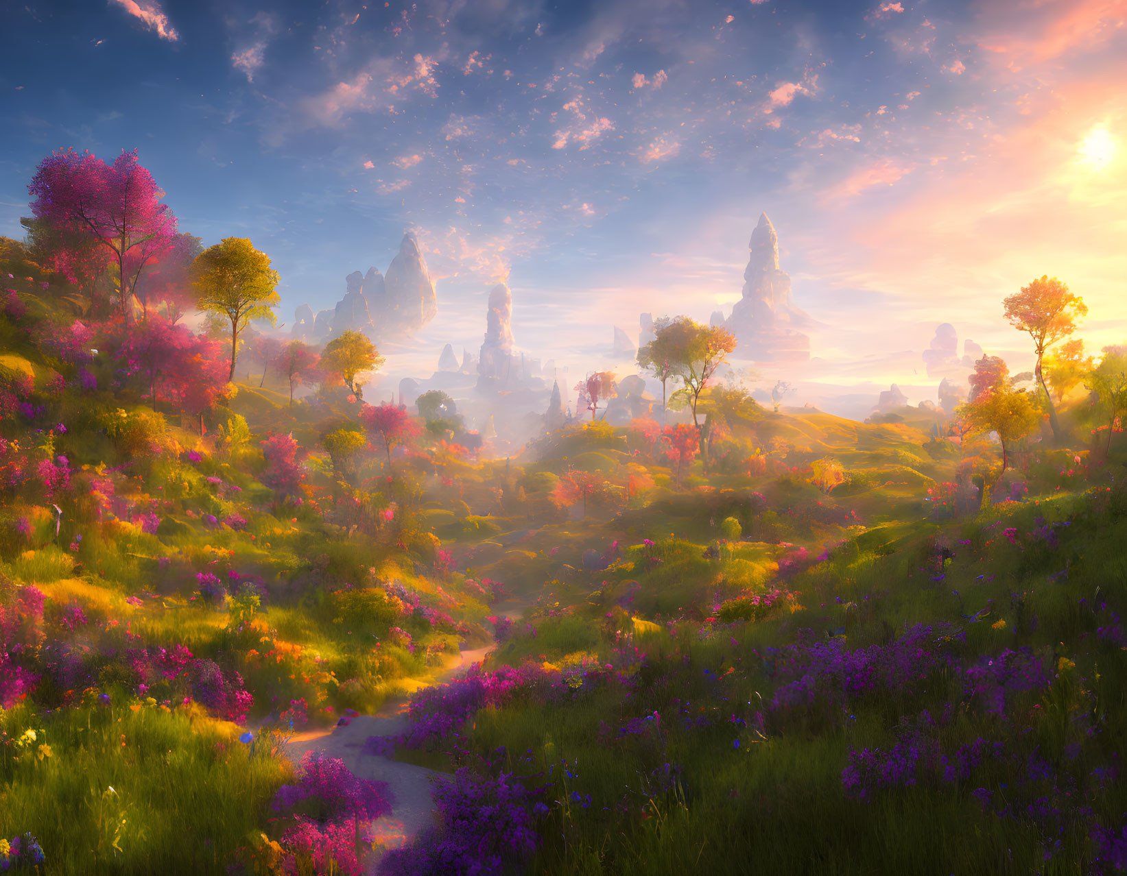 Colorful sunrise landscape with meadows, flowers, paths, and rock formations