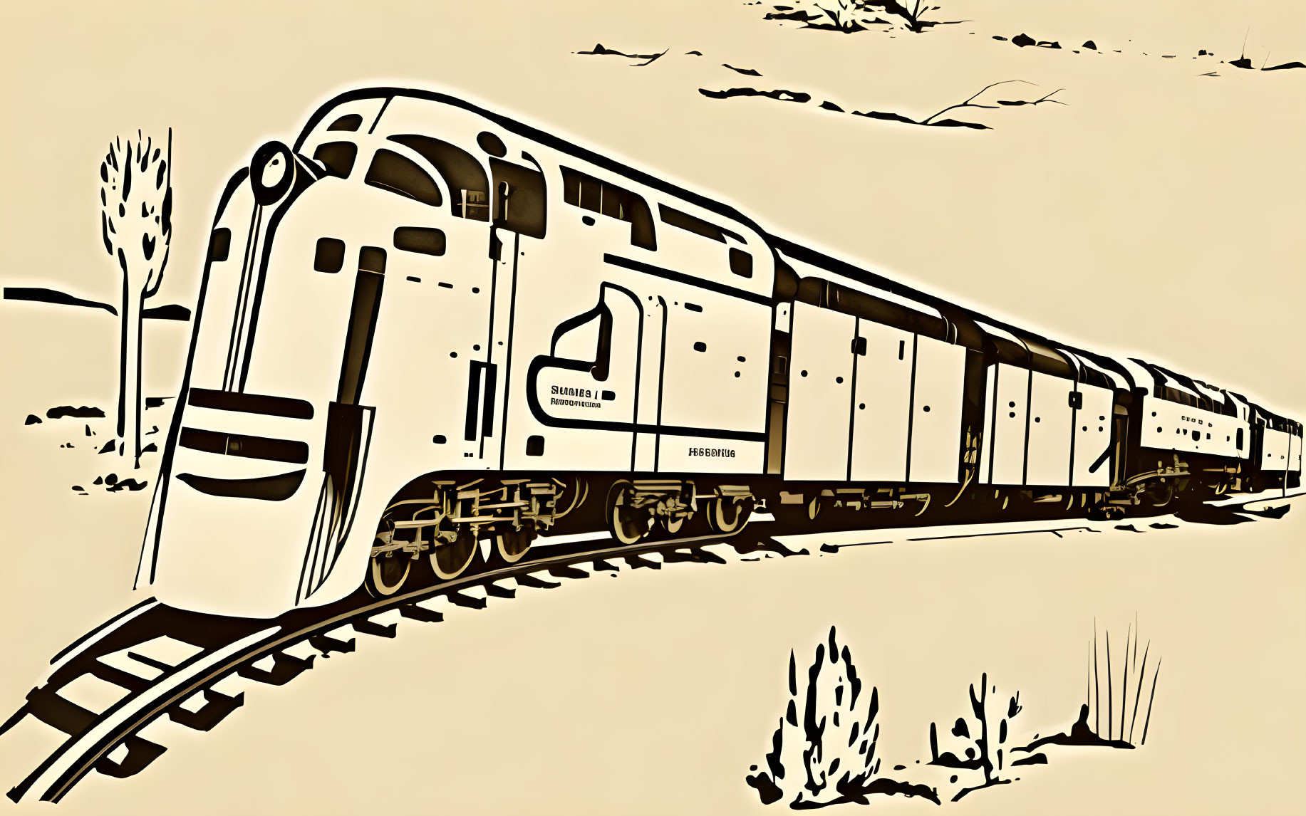 Sepia illustration of vintage passenger train on curving desert tracks