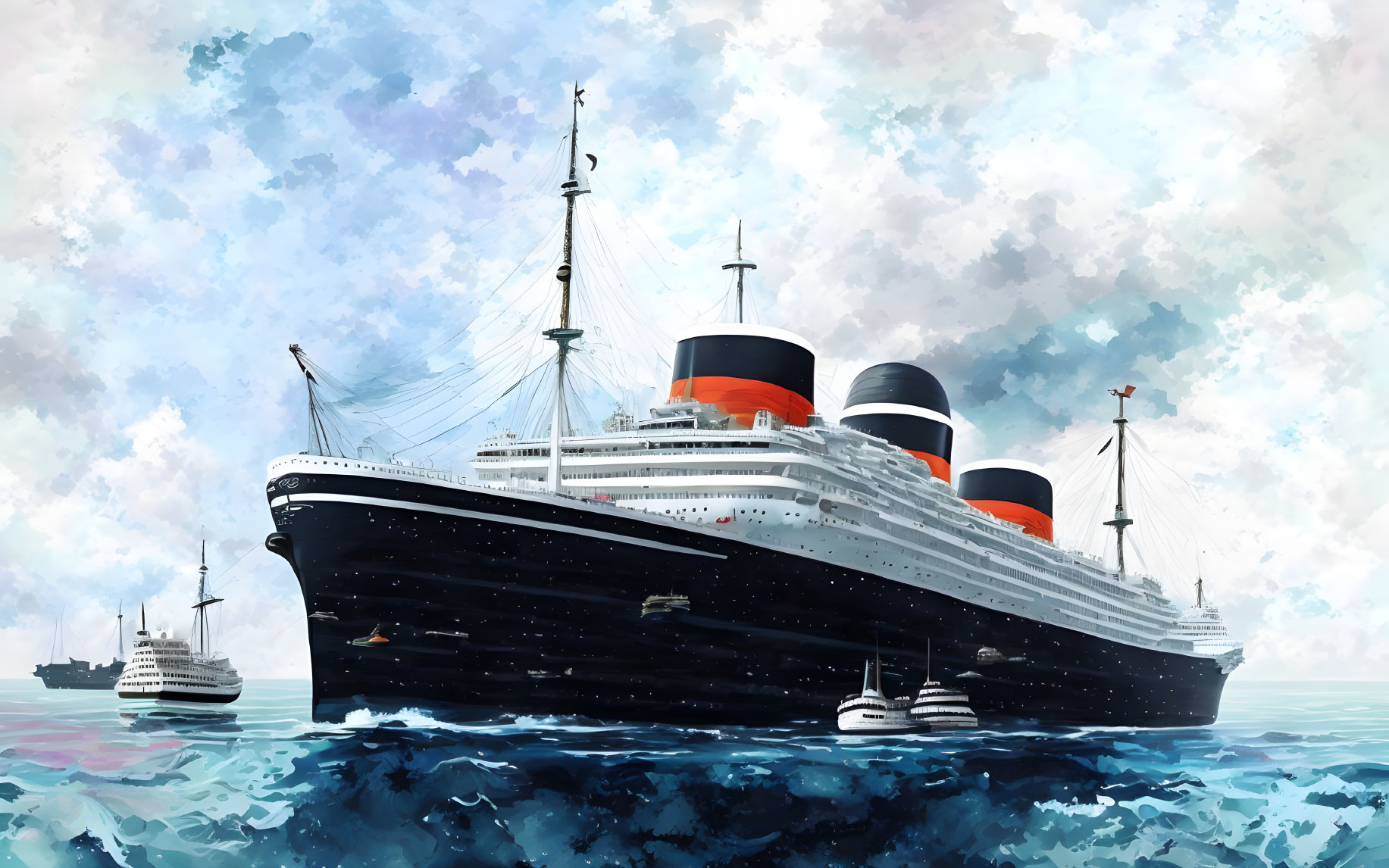 Vintage Ocean Liner with Dark Hull and Red Funnels Sailing on Blue Ocean