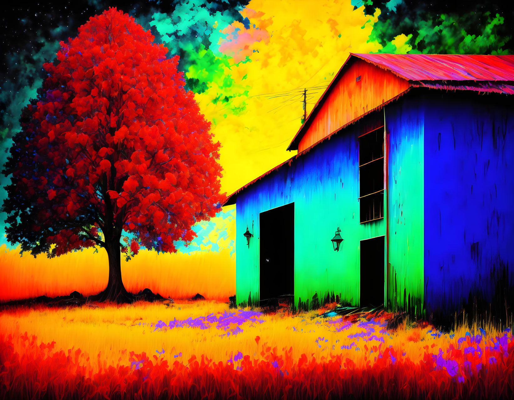 Colorful digital artwork: Blue barn, red tree, vibrant sky.